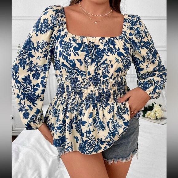 Boho black floral print square lantern sleeve blouse - Picture 6 of 15